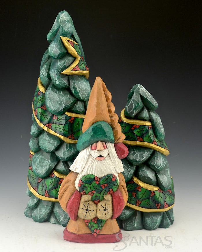 12 inch Holly Ribboned Evergreen Wood Carving by Dave Francis