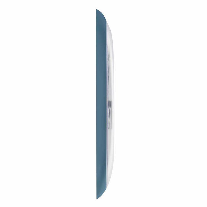 Side profile of the blue framed outdoor thermometer showing the curved glass edge.
