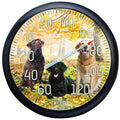 13.25 inch Labrador Dial Thermometer featuring three Labradors against an autumn forest background.