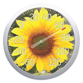 13.25 inch round sunflower thermometer with bold white numerals over a bright sunflower dial