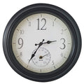 Close up of a 14 inch decorative wall clock with a built in thermometer in a black round frame and a white dial