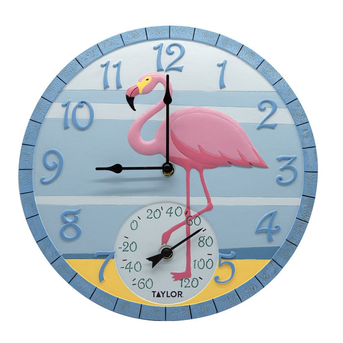 Colorful flamingo clock with blue striped background and a thermometer dial at the bottom