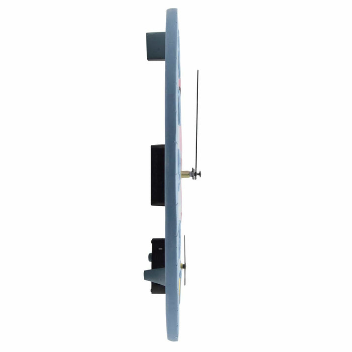 Side profile of the round blue Flamingo Clock with Thermometer showing slim depth and thermometer arm