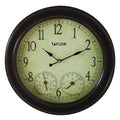 Beige faced 14 inch metal garden clock with dark brown frame and hygrometer and thermometer