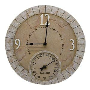 Front view of a 14 inch terra cotta stone clock with thermometer, beige textured surface and large white numerals 12 3 9