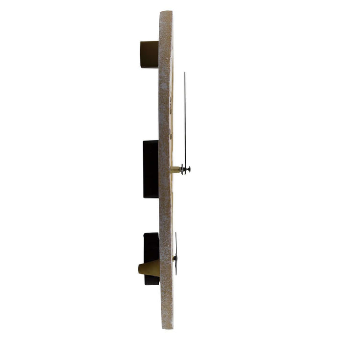 Side profile of a 14 inch terra cotta stone clock with thermometer on the right