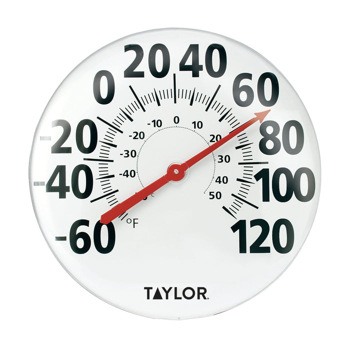 Close-up of an 18 inch round metal patio thermometer showing large bold Fahrenheit numbers on white face