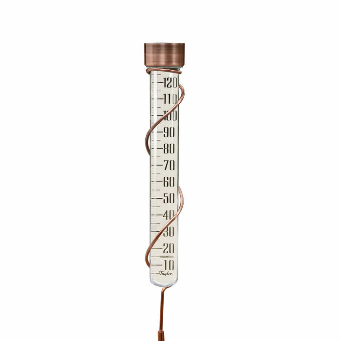 27 inch glass rain gauge with copper cap and coil wrapped around the tube