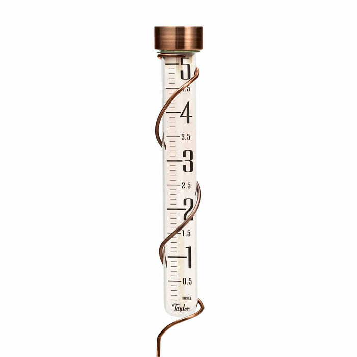 27 inch glass rain gauge with copper cap and copper coil wrapped around the tube