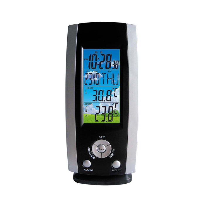 Three channel weather station with clock and blue LCD showing time date indoor and outdoor temps.
