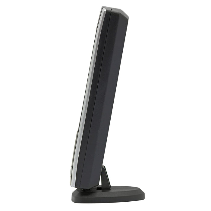 Side profile of a tall slim black wireless weather station on its base