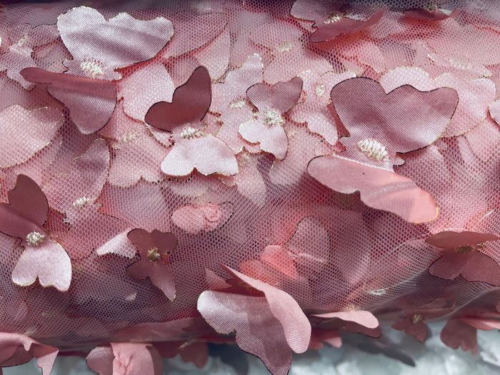 3D Butterfly Design - Dusty Rose - Embroidered 3D Butterfly Design On Mesh By Yard