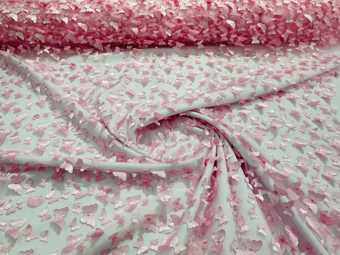 3D Butterfly Design - Pink - Embroidered 3D Butterfly Design On Mesh By Yard