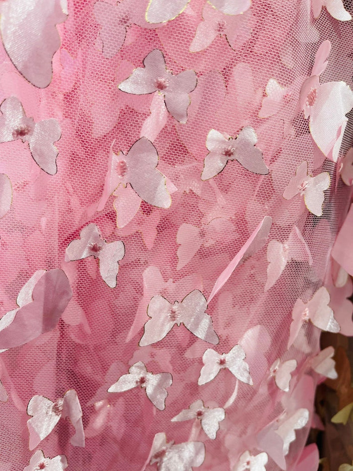3D Butterfly Design - Pink - Embroidered 3D Butterfly Design On Mesh By Yard