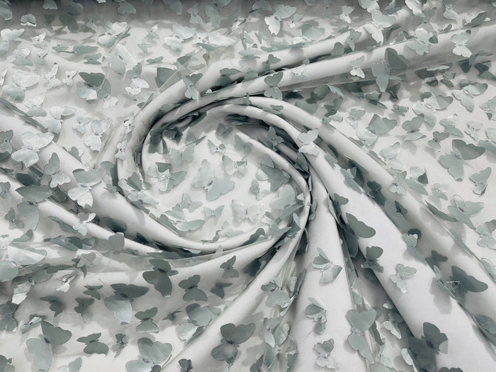 3D Butterfly Design - Silver - Embroidered 3D Butterfly Design On Mesh By Yard