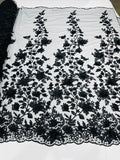 3D Floral Design - Black - Flowers Embroidered and Beaded With Pearls On a Mesh Lace