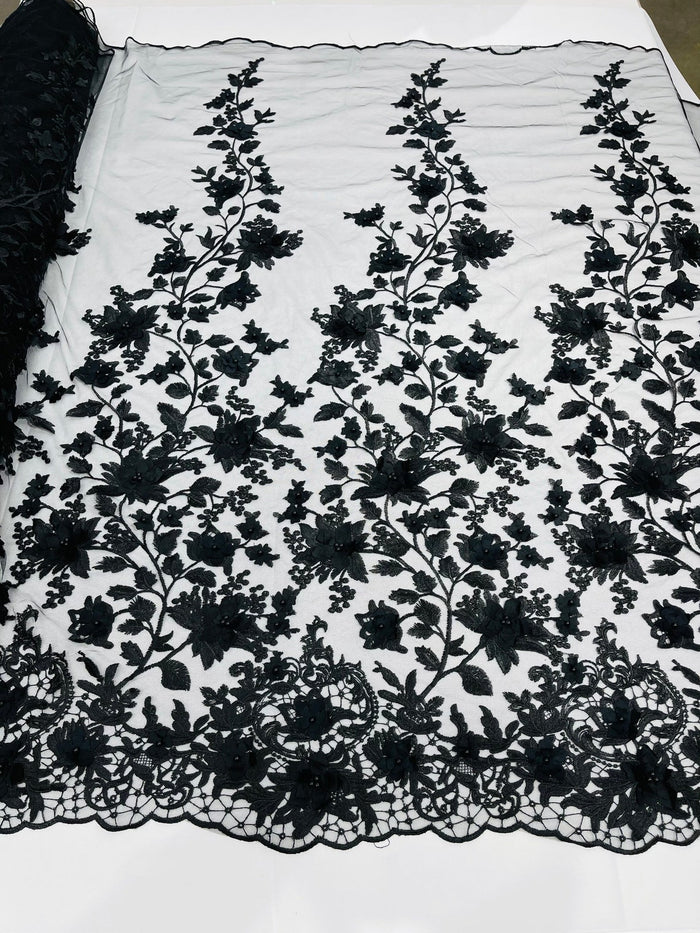 3D Floral Design - Black - Flowers Embroidered and Beaded With Pearls On a Mesh Lace