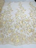 3D Floral Design - Champagne - Flowers Embroidered and Beaded With Pearls On a Mesh Lace