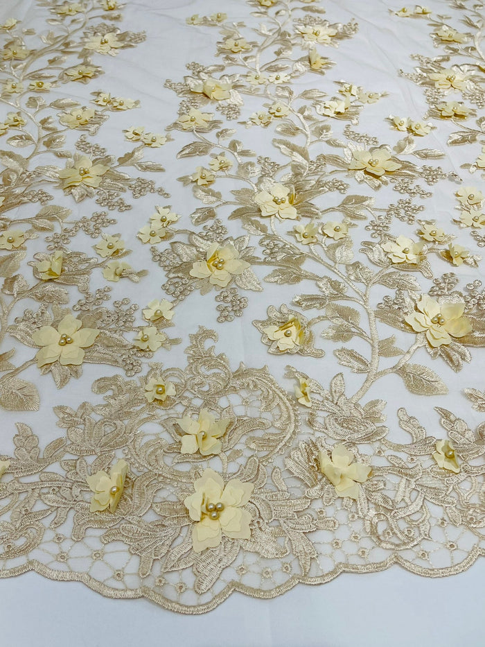 3D Floral Design - Champagne - Flowers Embroidered and Beaded With Pearls On a Mesh Lace