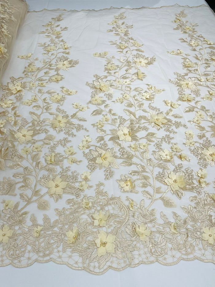 3D Floral Design - Champagne - Flowers Embroidered and Beaded With Pearls On a Mesh Lace