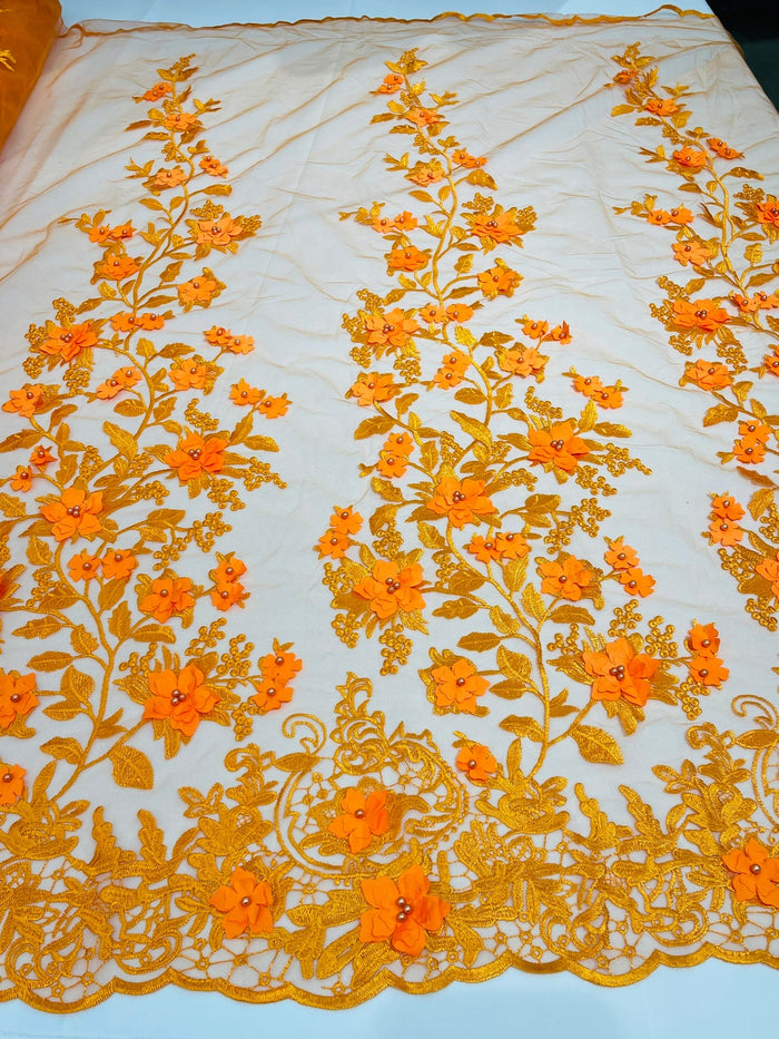3D Floral Design - Orange - Flowers Embroidered and Beaded With Pearls On a Mesh Lace