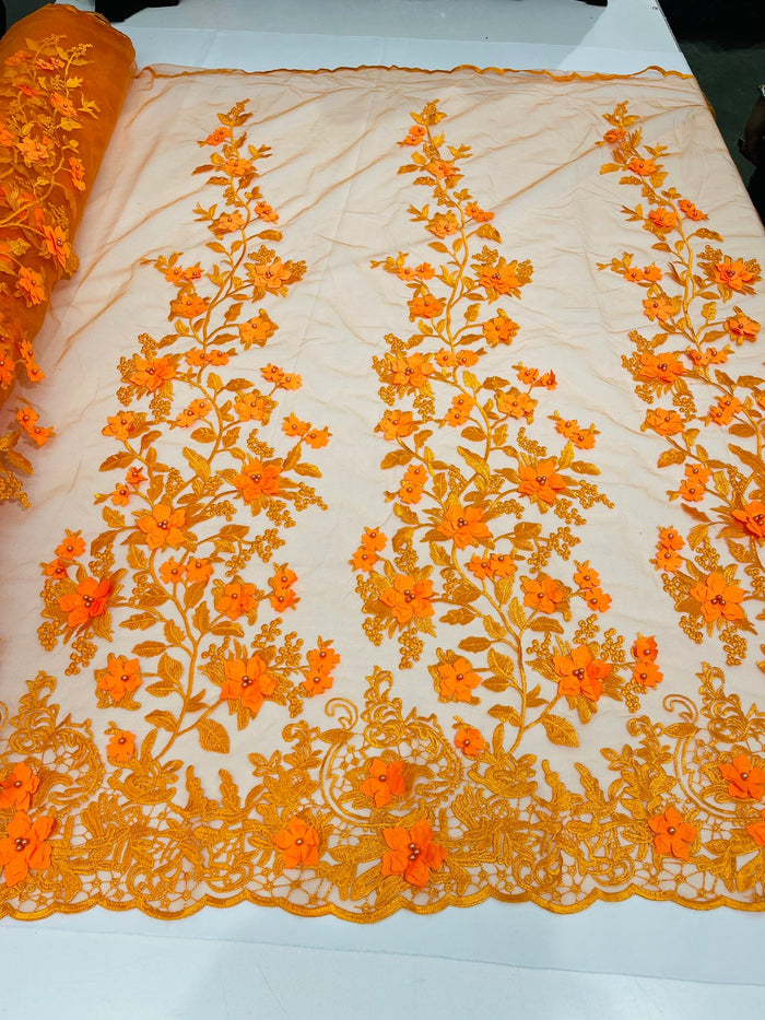3D Floral Design - Orange - Flowers Embroidered and Beaded With Pearls On a Mesh Lace