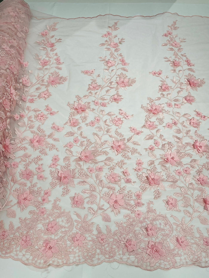 3D Floral Design - Pink - Flowers Embroidered and Beaded With Pearls On a Mesh Lace