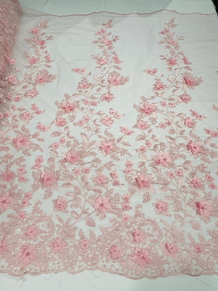 3D Floral Design - Pink - Flowers Embroidered and Beaded With Pearls On a Mesh Lace