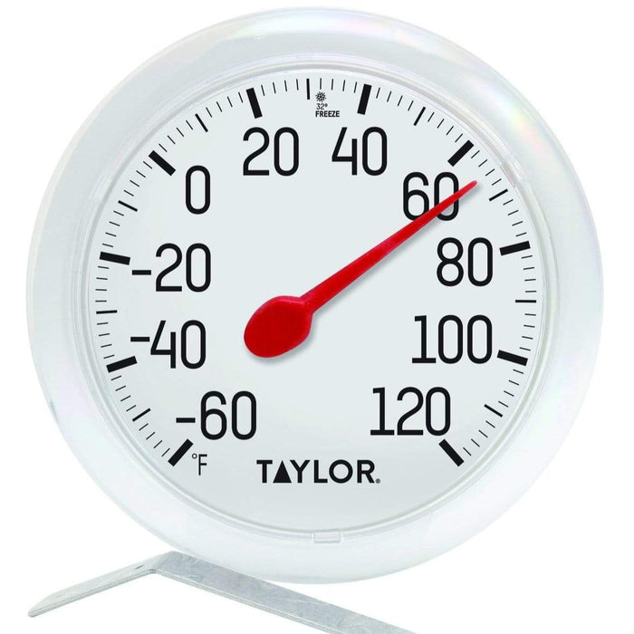 6 inch dial thermometer with white face bold black numbers from 0 to 120 Fahrenheit and Taylor logo
