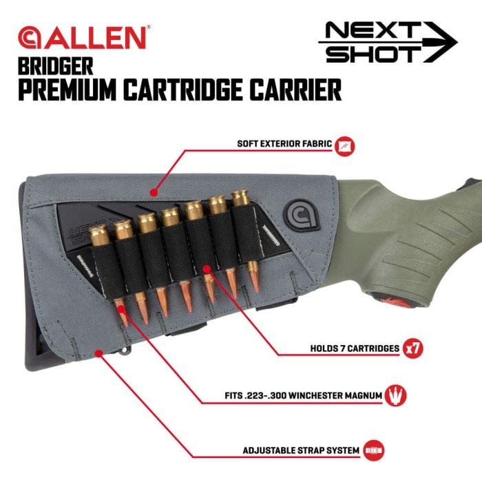 Allen Bridger Next Shot Premium Cartridge Carrier 223 Remington, 300 Winchester Magnum 7 Rounds Polyester Gray