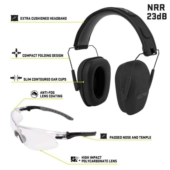 Allen Ultrx Shield  Unisex Shooting Glasses & Ear Muff Combo Black Frame Clear Lens