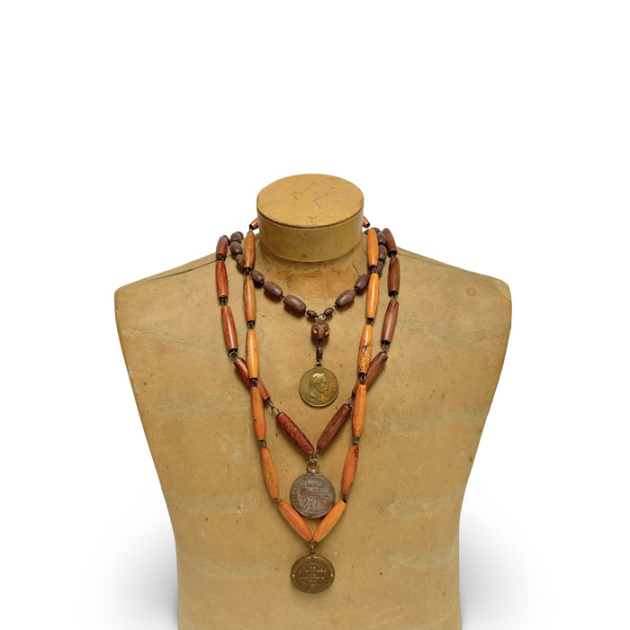 Antique French medal and rosary bead necklace with brown and copper-tone beads, gold medallion