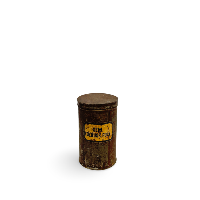 Dark brown antique pharmacy canister with round lid and yellow label reading SEM...PULY