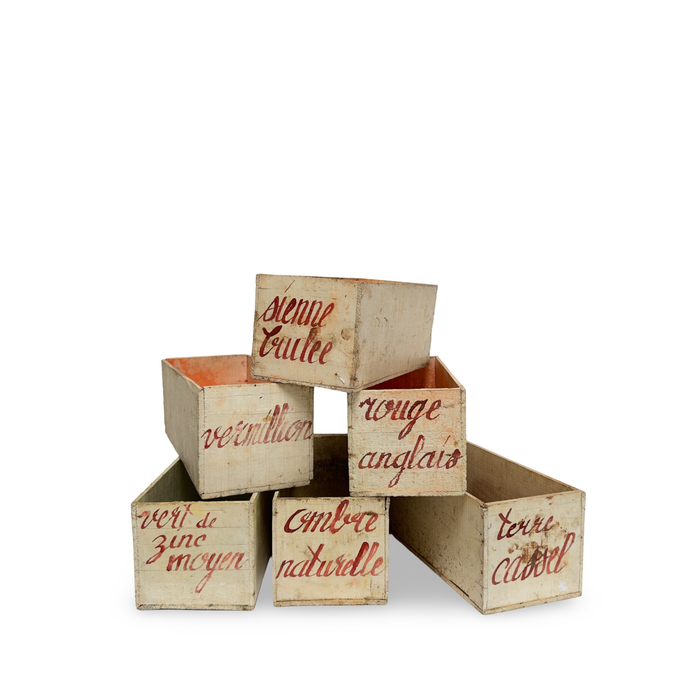 Antique French pigment storage container set of stacked wooden boxes with painted labels