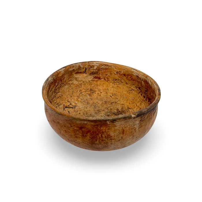 Antique Swedish birch bowl with textured amber-brown wood grain, rounded rim