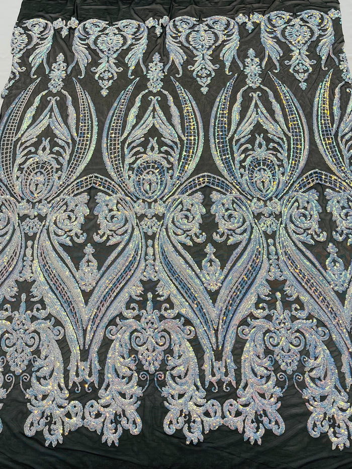 Aqua Iridescent Sequins Fabric on Black Mesh, Damask Design 4Way Stretch Sequin By The Yard