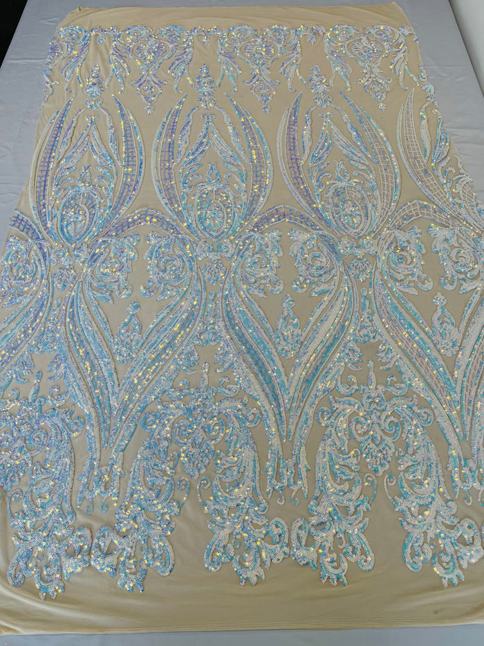 Aqua Iridescent Sequins Fabric on Lt Nude Mesh, Damask Design 4Way Stretch Sequin By The Yard