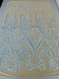 Aqua Iridescent Sequins Fabric on Lt Nude Mesh, Damask Design 4Way Stretch Sequin By The Yard