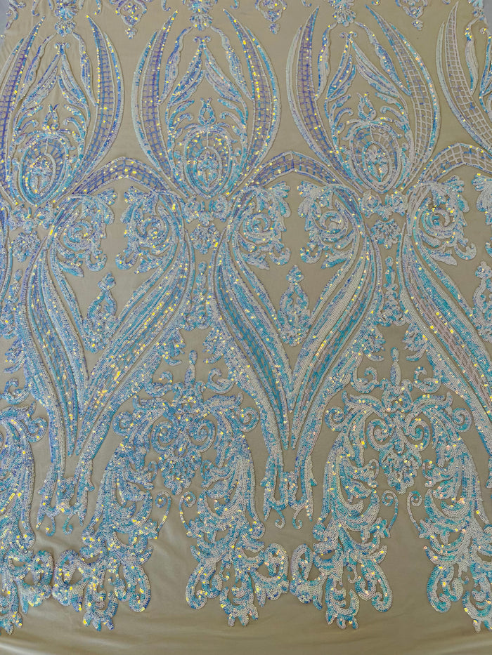 Aqua Iridescent Sequins Fabric on Lt Nude Mesh, Damask Design 4Way Stretch Sequin By The Yard