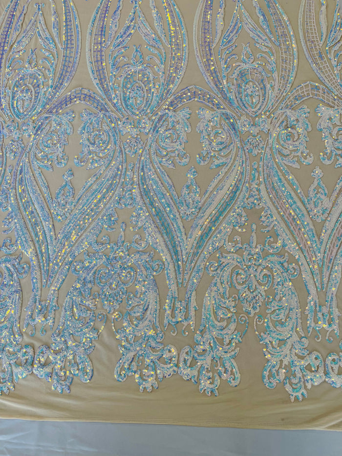Aqua Iridescent Sequins Fabric on Lt Nude Mesh, Damask Design 4Way Stretch Sequin By The Yard