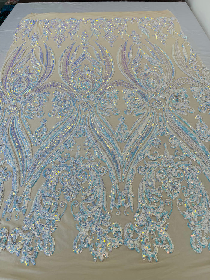 Aqua Iridescent Sequins Fabric on Lt Nude Mesh, Damask Design 4Way Stretch Sequin By The Yard