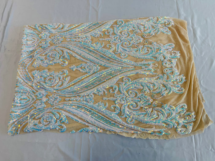 Aqua Iridescent Sequins Fabric on Lt Nude Mesh, Damask Design 4Way Stretch Sequin By The Yard