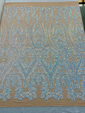 Aqua Iridescent Sequins Fabric on Nude Mesh, Damask Design 4Way Stretch Sequin By The Yard