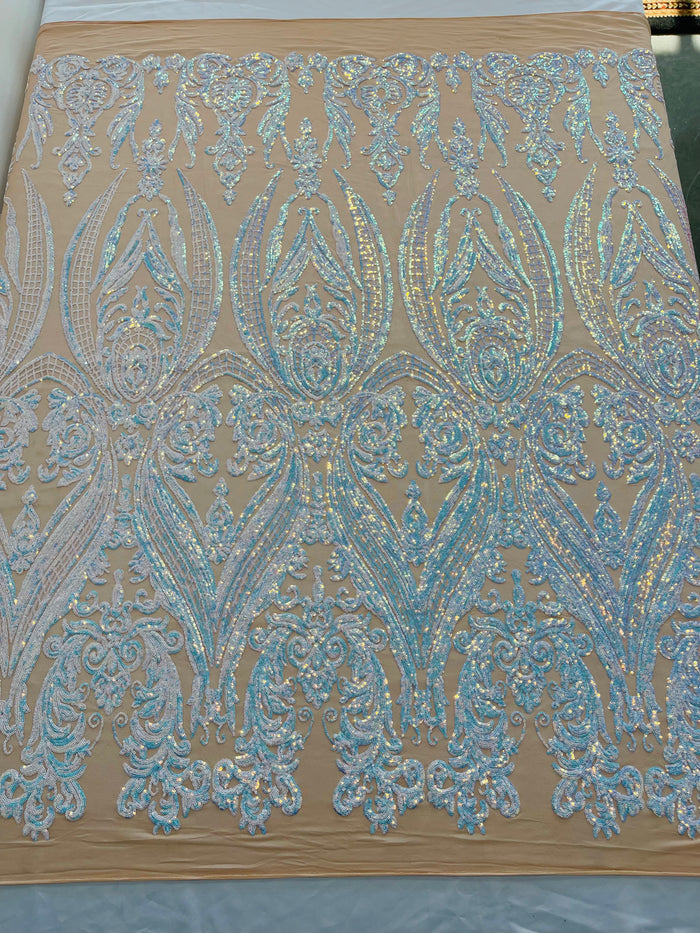 Aqua Iridescent Sequins Fabric on Nude Mesh, Damask Design 4Way Stretch Sequin By The Yard