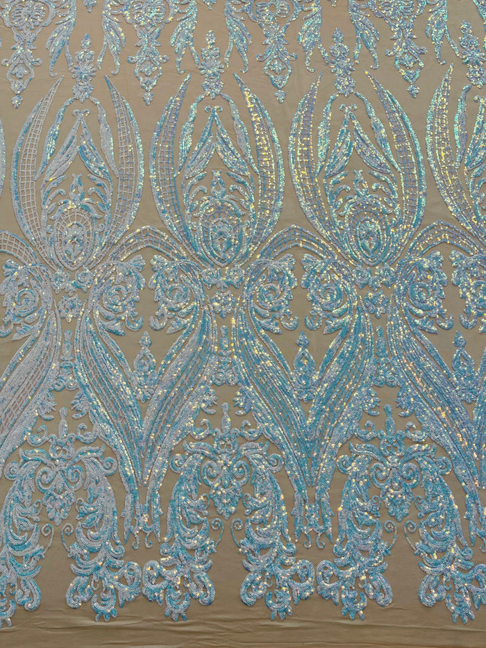 Aqua Iridescent Sequins Fabric on Nude Mesh, Damask Design 4Way Stretch Sequin By The Yard