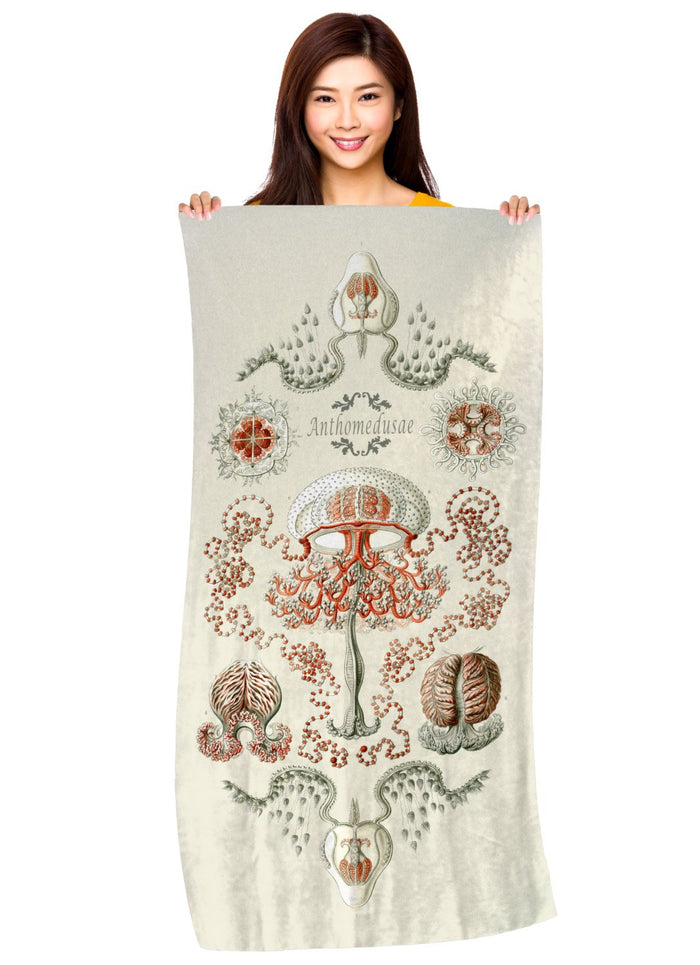 Artistic Jellyfish Illustration- "Anthomedusae by Haeckel"- Microfiber Beach Towel