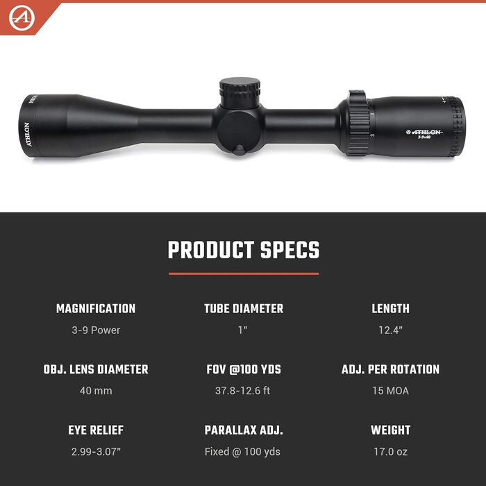 Athlon Optics Neos Rifle Scope 3-9x40mm BDC 22 Rimfire Reticle Black