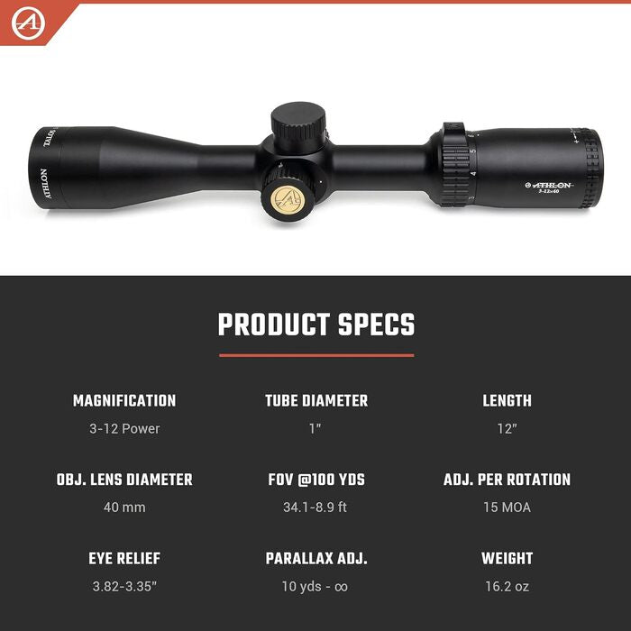 Athlon Optics Talos Rifle Scope 3-12x40mm Mil-Dot Reticle Black