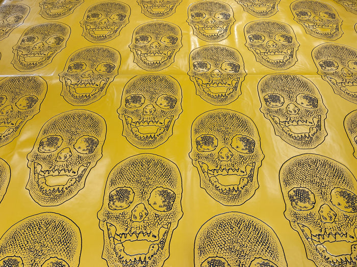 Big Skull Vinyl Fabric - Yellow - Skull Print Vinyl Fabric, Upholstery, Faux Leather 54” Sold By Yard