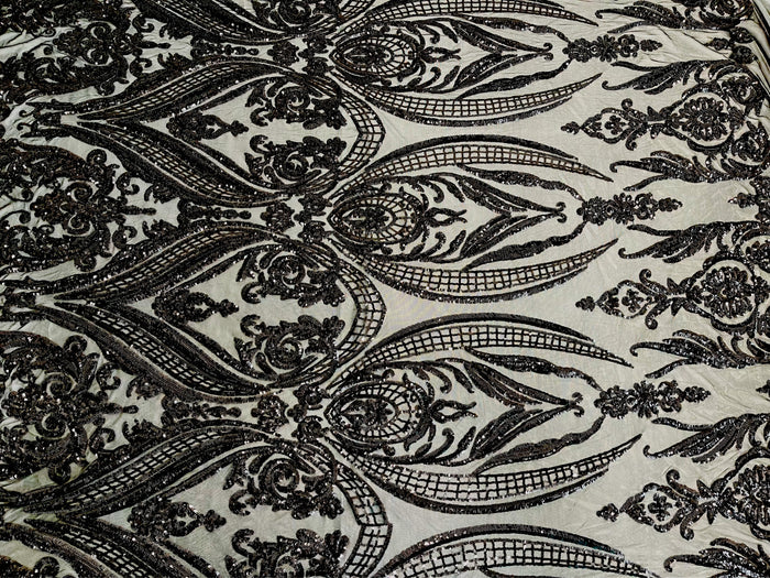 Black Sequins Fabric on Mesh, Damask Design 4 Way Stretch Sequin Fabric Sold By The Yard